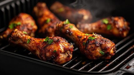 Juicy grilled chicken drumsticks sizzle on a barbeque grill, enticing viewers with their charred exterior and mouthwatering aroma, perfect for grilling enthusiasts.