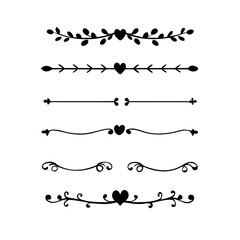 Obraz premium Text dividers with hearts doodle set. Wedding decorative elements. Divider ornament, borders, arrows. Hand drawn vector illustration isolated on white background 