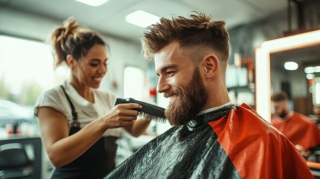 A man enjoys a haircut at a modern barbershop, displaying contemporary styling techniques and a relaxed atmosphere, perfect for promoting grooming services and beauty culture.