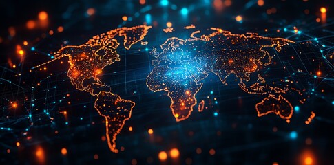 Digital world map with glowing network connections
