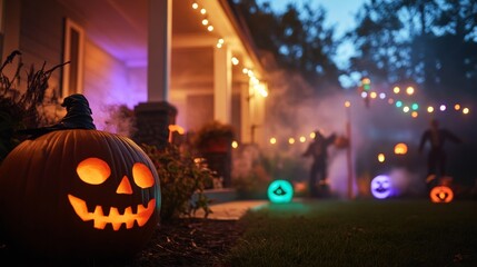 Fototapeta premium Halloween lawn decor with animatronic witches, fog machines, glowing skeletons