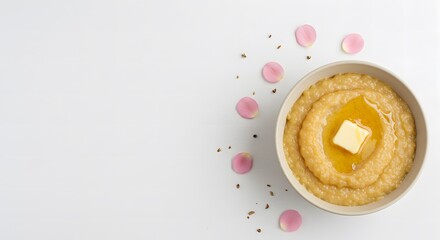 Flat lay of Asida (sweet wheat pudding with butter and honey), bowl placed at right third, minimalist white background