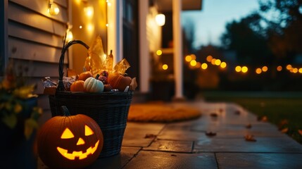 Obraz premium Halloween trick-or-treat fun with creepy lawn decor, friendly monsters and candy-filled baskets