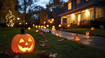 Fototapeta premium Halloween-themed decorated home exterior glowing at night