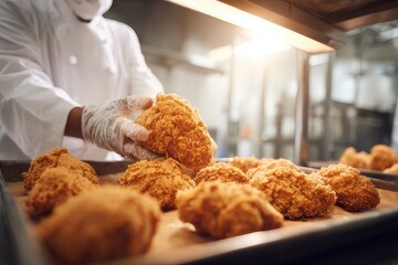 Chef placing freshly fried chicken onto a tray