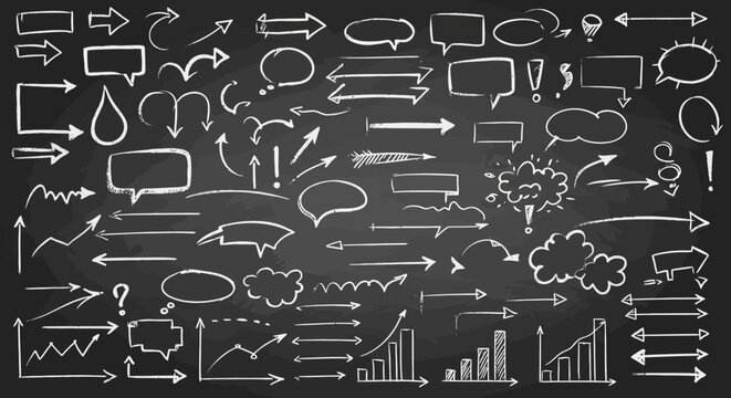 Chalkboard Sketch Elements and Graphics for Business Presentations Diagrams and Hand Drawn Design Ideas Blackboard Background with White Chalk Symbols