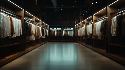 Fototapeta premium An elegant clothing showroom filled with tastefully arranged garments illuminates the space, showcasing modern fashion trends crafted for style-conscious shoppers.