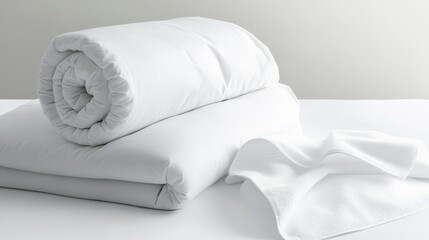 Hotel quality clean bedding set, isolated on white background, top view