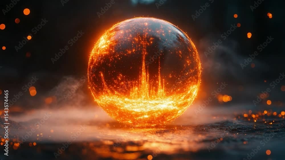 Poster fiery orb: a mesmerizing sphere of intense fire and energy, seemingly contained within a glass-like 