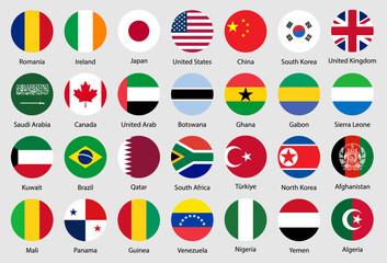 Set of rounded international country flags including USA, UK, India, Germany, France, and others. Flat circle icons for political, travel, and geography themes. Vector illustration.
