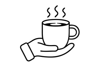 hand holding cup of hot coffee in outline style.