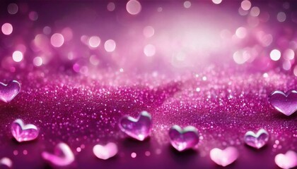 sparkling pink glitter background with 3d heart shapes and soft bokeh lights for romantic greeting card, web banner, print design, or valentine&rsquo;s branding theme

