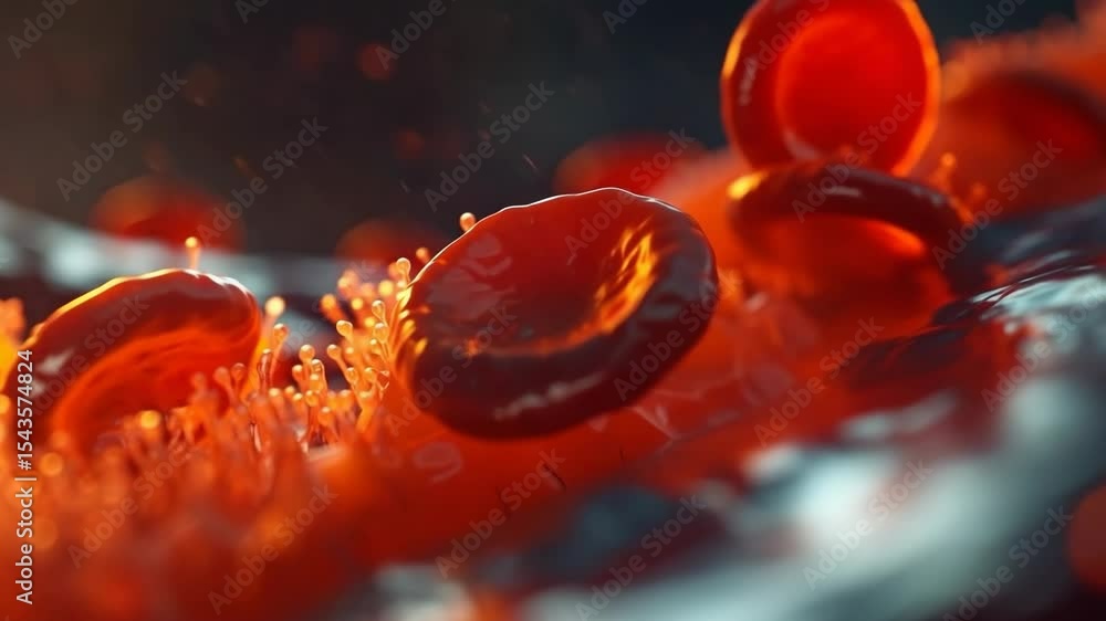 Poster exploration of blood cells in motion within the human circulatory system showcasing their structure 