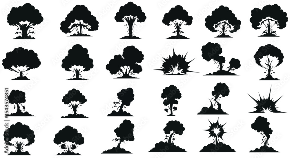 Poster various forms of trees represented as black silhouettes on a white background and rendered in a pixe
