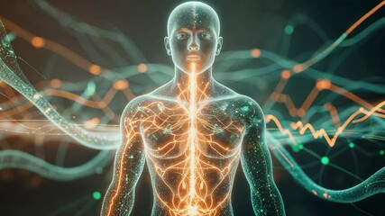 Appearing translucent humanoid pulsing neural network in dark digital matrix with glowing column - Powered by Adobe