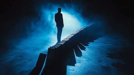 Dramatic silhouette of a businessman stopping a line