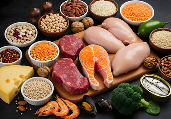High Protein Foods Meat Seafood Legumes Nuts and Dairy on Dark Background