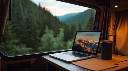 laptop setup in RV with open back door showing forest view
