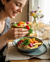Sustainable Taste. Close-up of a joyful bite of a plant-based dish — delicious, colorful, and a symbol of sustainable, mindful eating.