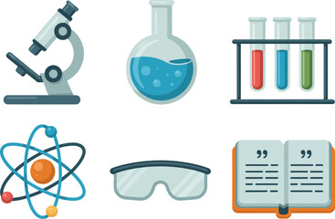 Science lab illustration with microscope flask test tubes goggles atom and open book for classroom theme  