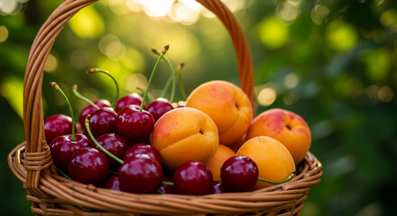 Basket with fresh peaches and cherries