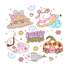 Reto groovy little ghost in spooky summer elements isolated on white background. Vector illustration.