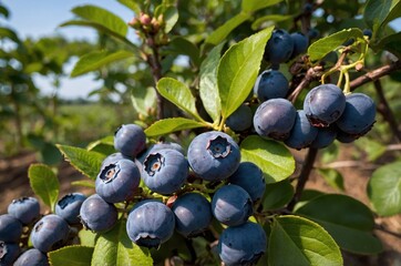 Fototapeta premium Growing blueberries on a sunny day with healthy foliage showcasing a perfect farming moment