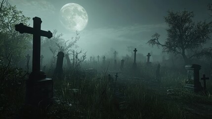 Mysterious graveyard scene at night