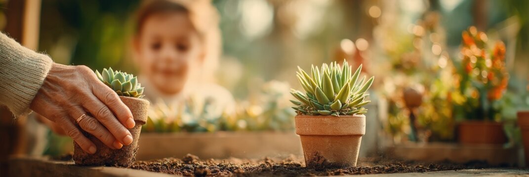 Grandmother planting succulents with granddaughter in garden