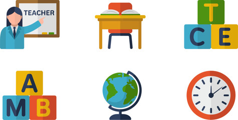 Classroom illustration with teacher desk globe books alphabet blocks clock and back to school items  