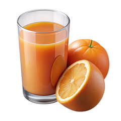 Glass of orange juice with oranges isolated on transparent background