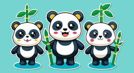 Three Adorable Cartoon Panda Bears with Bamboo. vector panda stickers  on a Light Blue Background  