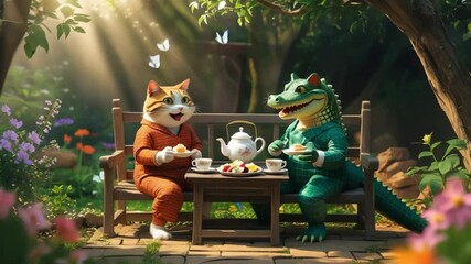 Charming Animated Scene Cat and Alligator Enjoying Afternoon Tea in a Magical Garden