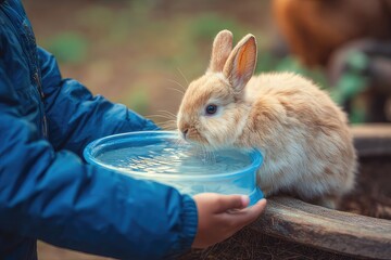 Child refilling a water bowl for their pet rabbit