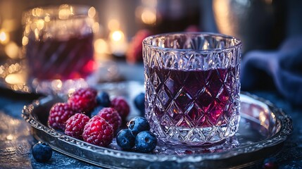 Artisanal crme de cassis crystal cordial glass moody lighting enhancing deep purple liquid fresh berries on silver tray 50mm lens vintage Parisian apothecary