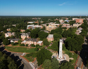 Aerial view of the NC State bell tower and campus in Raleigh, North Carolina