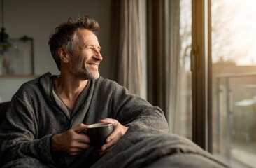 Man smiles in robe holding a mug near window