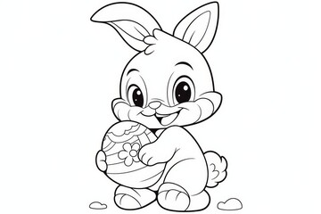 Cute cartoon bunny smiling and holding an Easter egg, simple black line coloring page for kids with large shapes and no shading on white