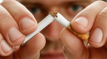 Man breaking cigarette in half to quit smoking addiction