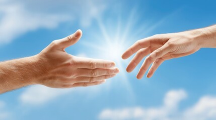 Two hands reaching out towards each other in a cloudy sky