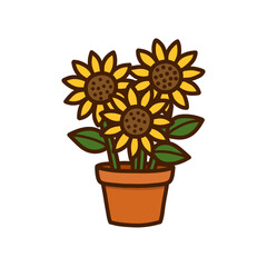 Three sunflowers in a terracotta pot, outlined in brown, on a white background