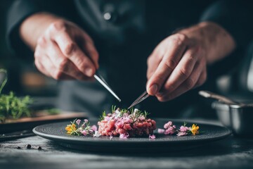 Chef’s hands plating fine dining dish with tweezers 