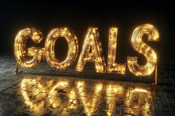 Futuristic 3D rendered metallic gold GOALS typography