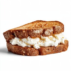 A close-up shot of a delicious sandwich filled with a creamy ingredient on toasted bread. The bread is perfectly toasted and the filling looks soft and fluffy