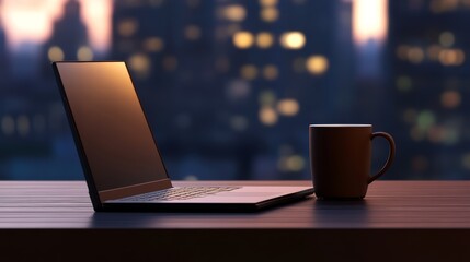remote work from an urban rooftop, laptop, coffee mug, and city skyline background