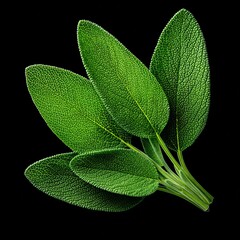 Fresh, vibrant sage leaves, a popular herb, against a dark backdrop. The intricate texture and vivid green color of the leaves are highlighted