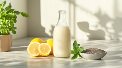 Refreshing Bottle of Kefir with Chia Seeds, Lemons, and Fresh Mint on a Sunlit Marble Countertop, Highlighting Natural Probiotics and Healthy Lifestyle Choices. Image made using Generative AI