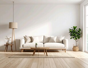 Cozy Modern Living Room with White Sofa, Standing Lamp, and Indoor Plant
