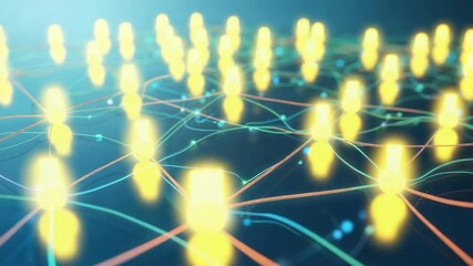 Opening sequence showing glowing user-icons linking across digital grid plane, with pulsing lines - Powered by Adobe