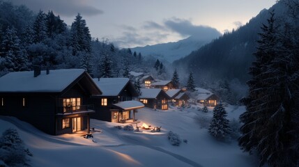 Fototapeta premium snowy mountain village popular with remote workers, laptop setups by the fire